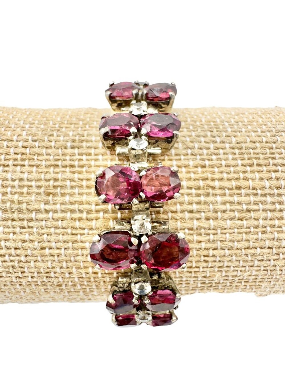 Vintage Faux Ruby Rhinestone Bracelet Silvertone Setting Fold Over Clasp 6.5"